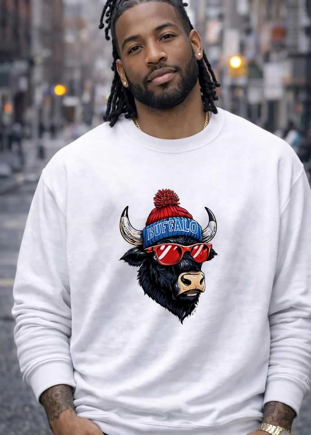 Cool Buffalo Apparel Wearing Red Sunglasses Winter Beanie Buffalo T-Shirt