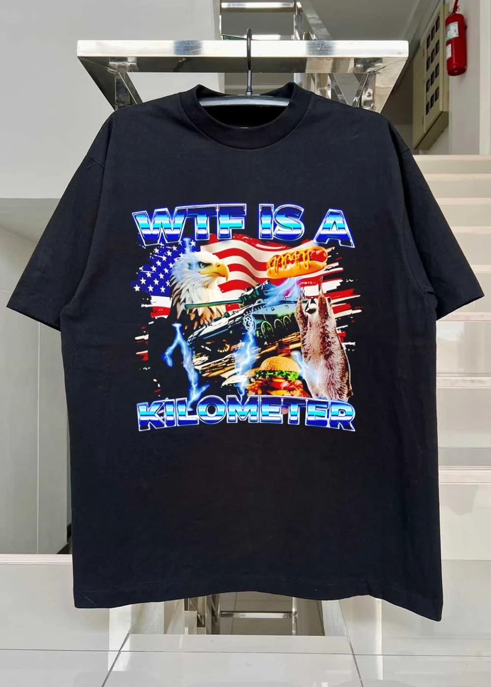 American Patriot Apparel Wtf Is a Kilometer Bald Eagle Tank Hot Dog Burger T-Shirt