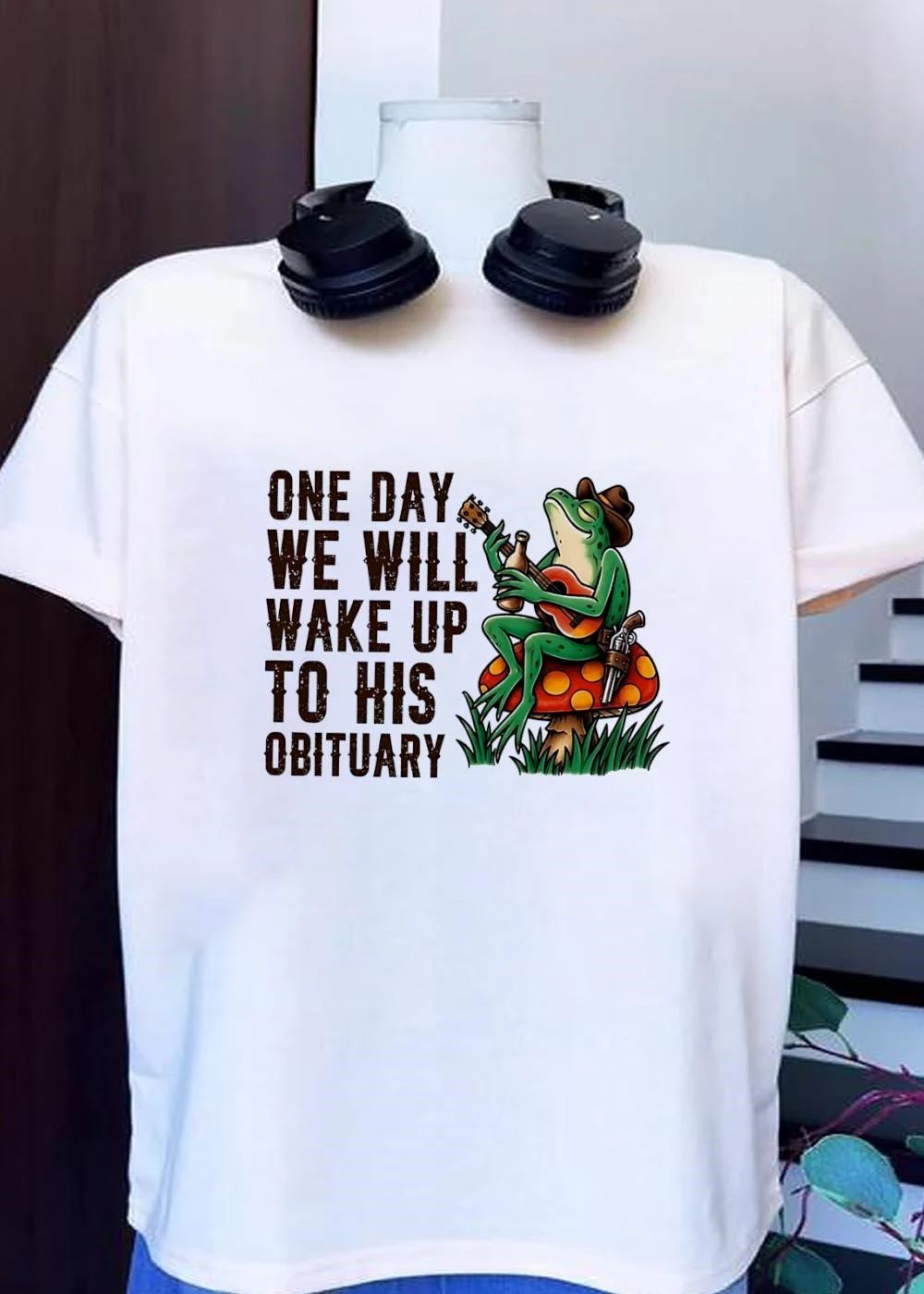 Funny Frog One Day We Will Wake up to His Obituary Cowboy Guitar T-Shirt