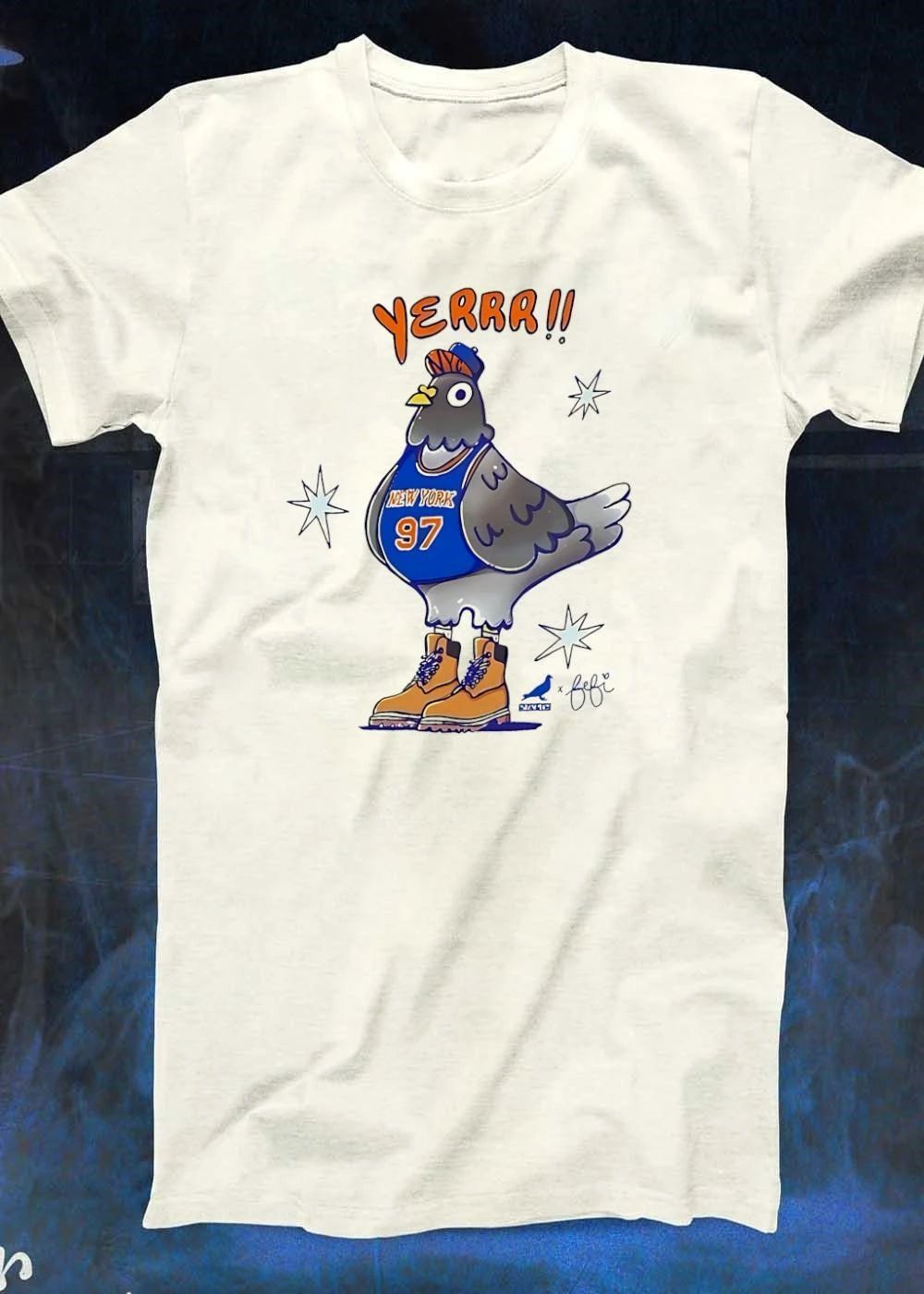 Pigeon x Fefi Pigeon Wearing New York Basketball Jersey and Timberland Boots Yerrr 97 T-Shirt