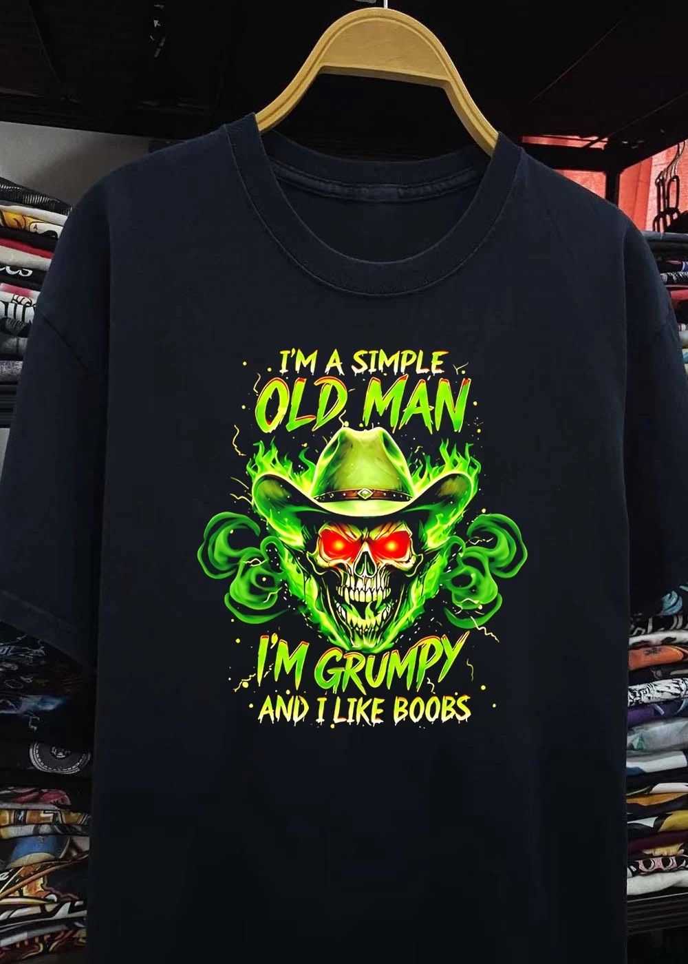 Grumpy Old Man Skull Flaming Cowboy Hat I Like Boobs T-Shirt