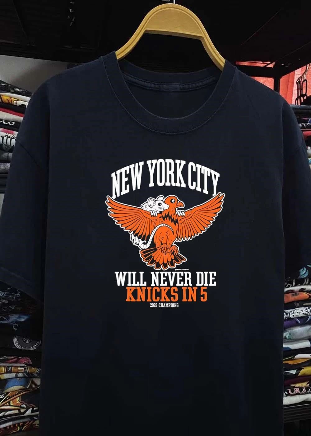 Grim Lee Design New York City Will Never Die Knicks in 5 2026 Champions T-Shirt