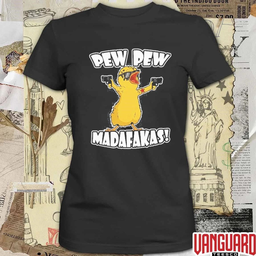 Pew Pew Madafakas Yellow Duck Carries Pistol Letter t-shirt