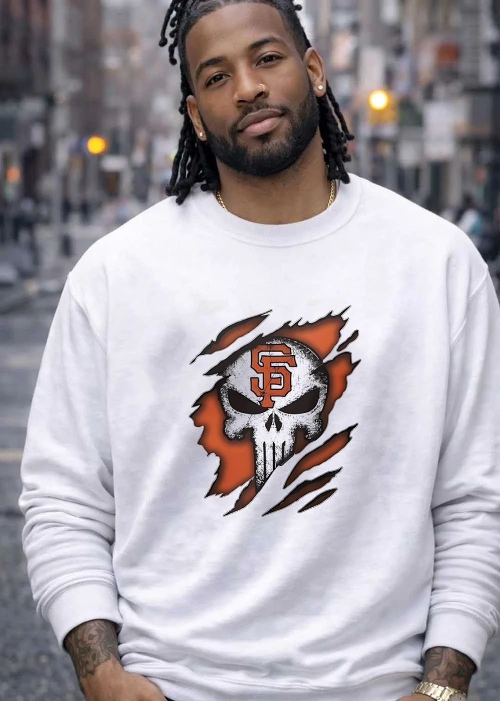 SF Skull Ripped Orange Background San Francisco Giants T-Shirt
