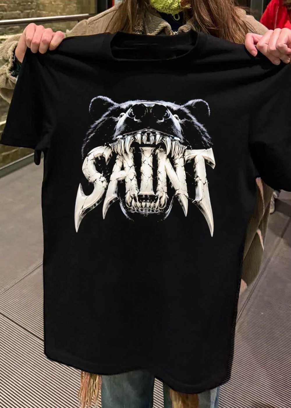 Black Bear Vicious Growl Saint Silver Cracked Metallic T-Shirt