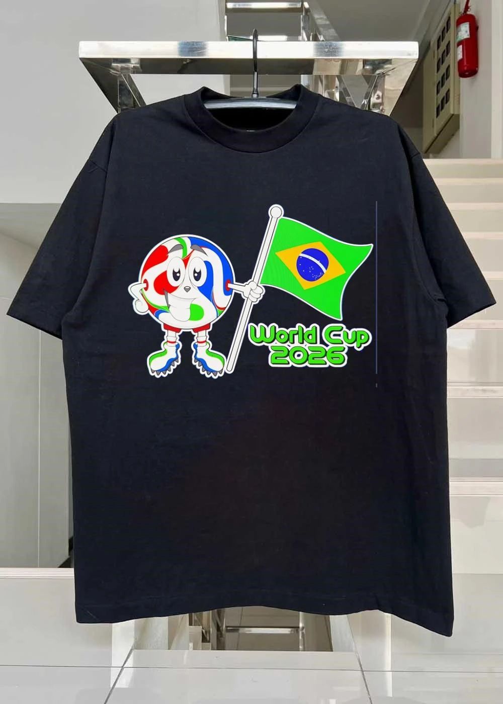 Dads Cartoons Mascot Holding Brazil Flag World Cup 2026 T-Shirt