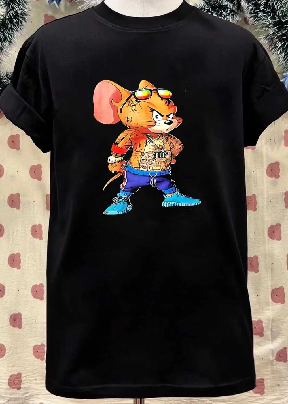 Tattooed mouse wearing sunglasses and jewelry shirt