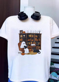 Halloween Ghost Reading Books with Black Cat and Pumpkins shirt