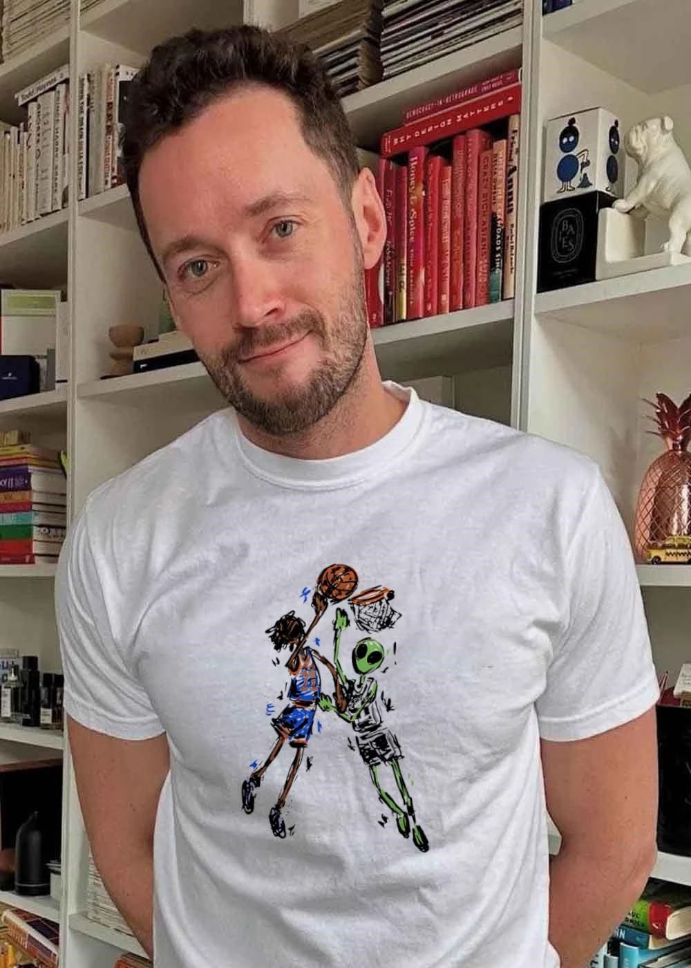 NBA Sketch Art Player Dunking on Alien Basketball T-Shirt