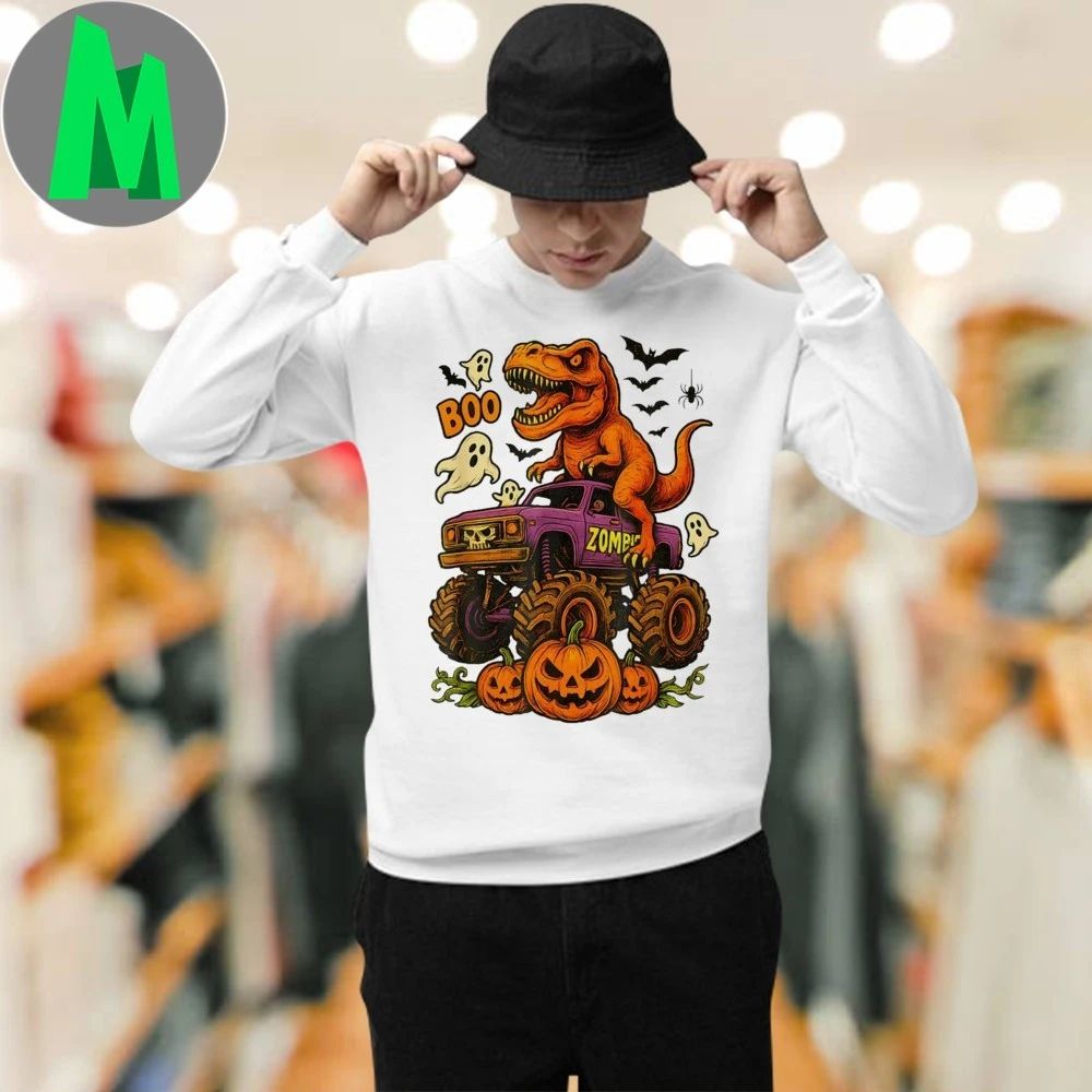 Halloween T Rex Dinosaur Monster Truck Boo Ghost Pumpkin Shirt