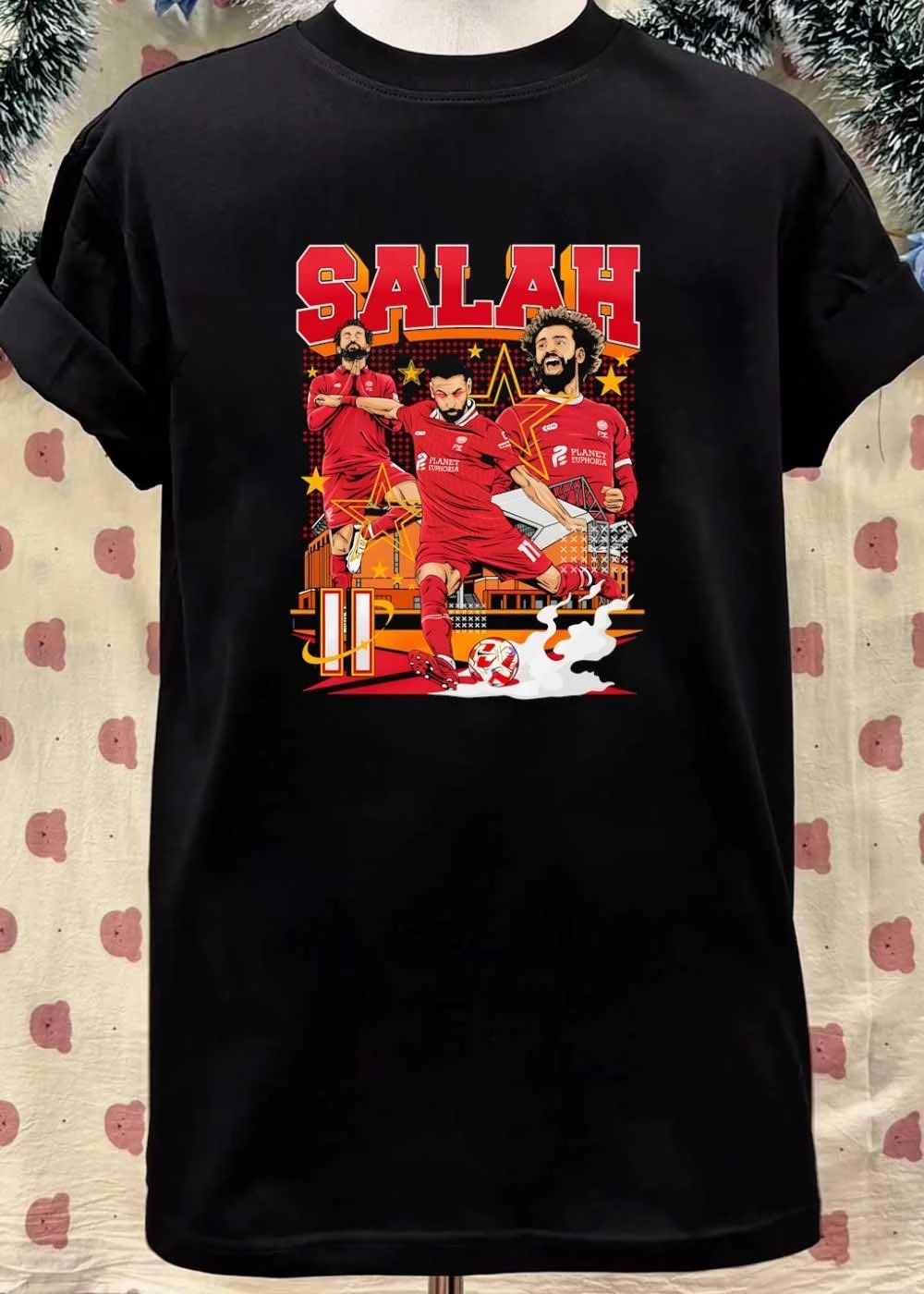 Salah Mohamed Salah Kicking Soccer Ball in Red Jersey Planet Euphoria T-Shirt