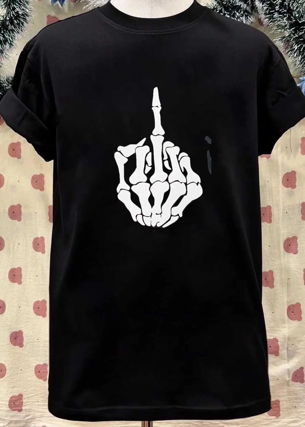 Skeleton Hand Rude Gesture Illustration White on Black T-Shirt