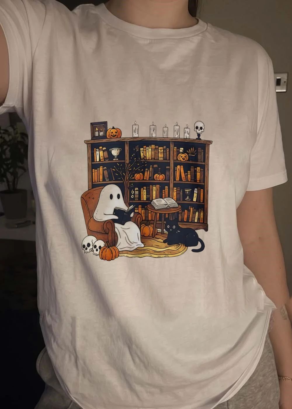 Halloween Ghost Reading Books with Black Cat and Pumpkins shirt