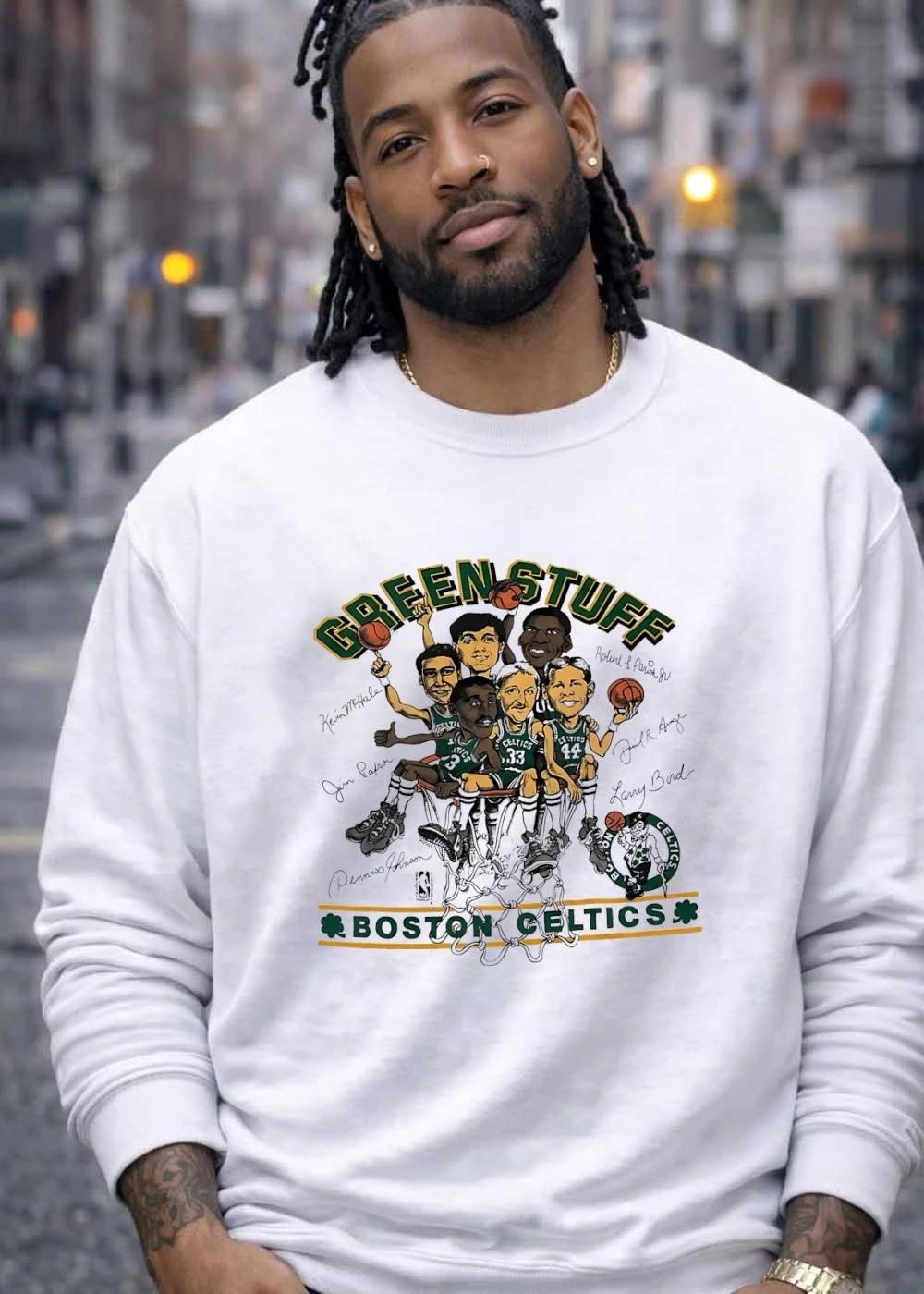 Robert Parish Kevin McHale Jim Paxson Dennis Johnson Larry Bird Danny Ainge Green Stuff Boston Celtics T-Shirt
