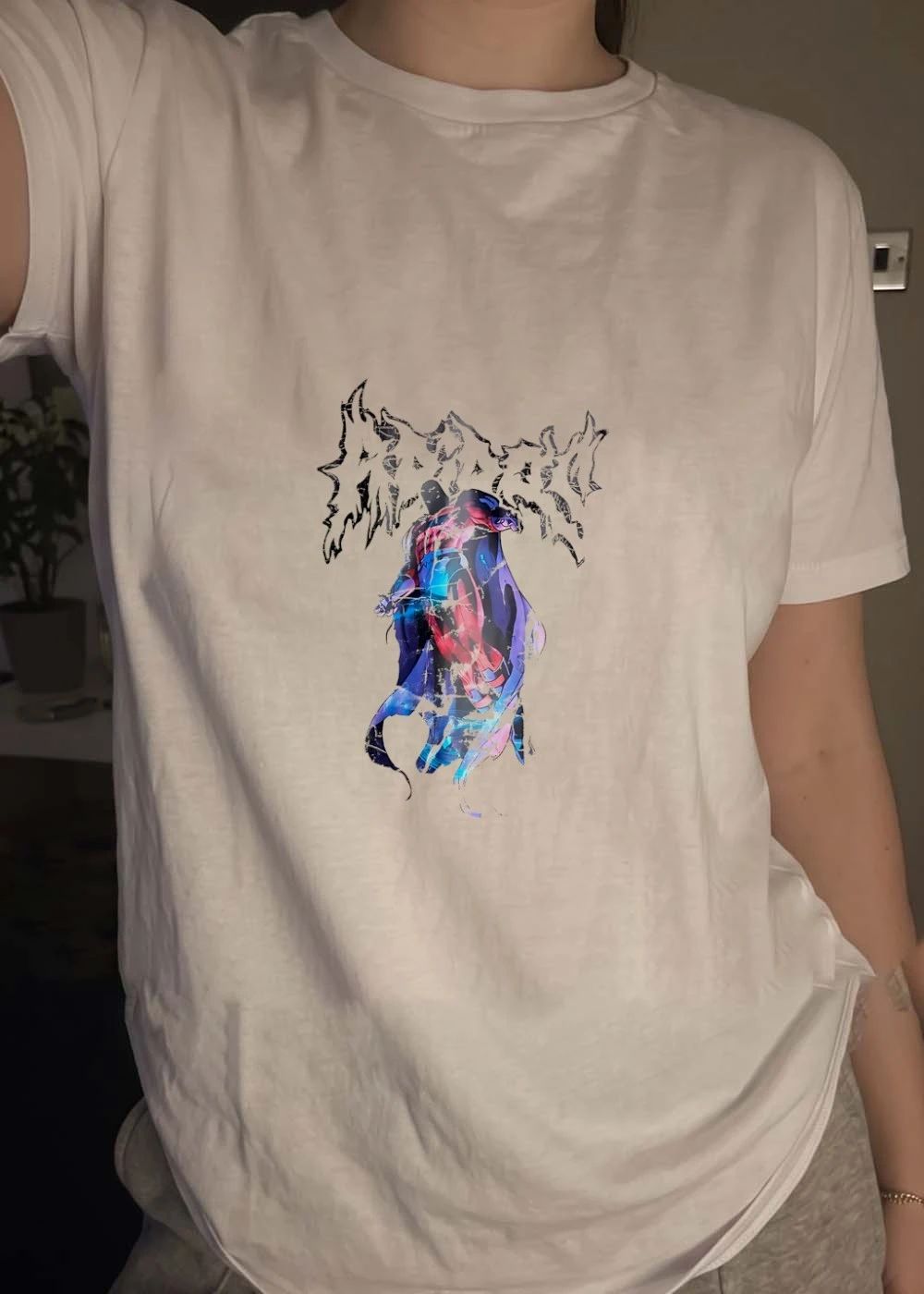 Flying super hero character with cape shirt