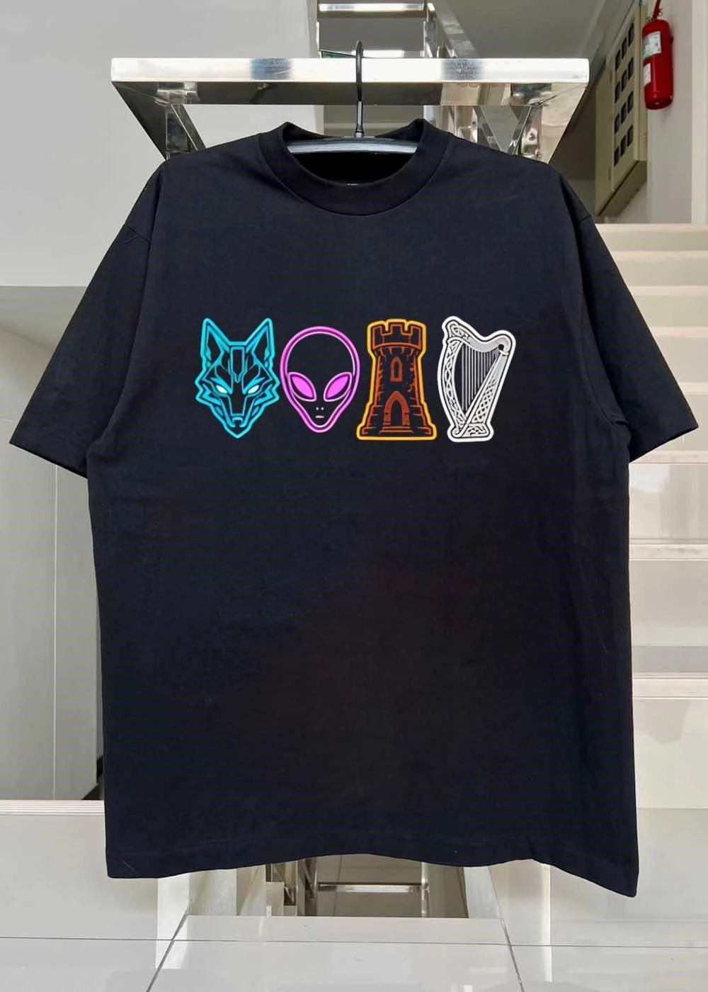 Wolf Alien Castle and Harp Icons Graphic T-Shirt