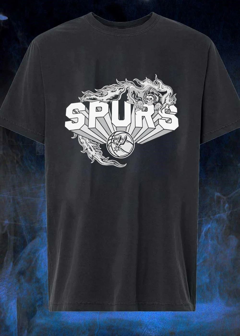 San Antonio Spurs basketball team NBA grim reaper skeleton flames SPURS shirt