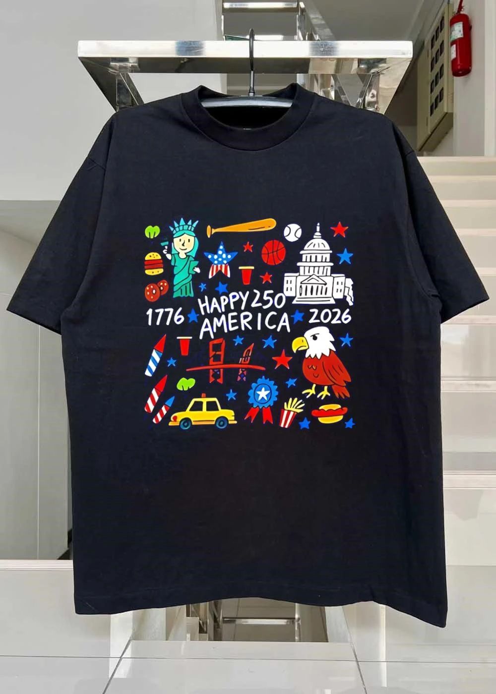 Happy 250th Anniversary Commemorative Icons Symbols USA Patriotic T-Shirt