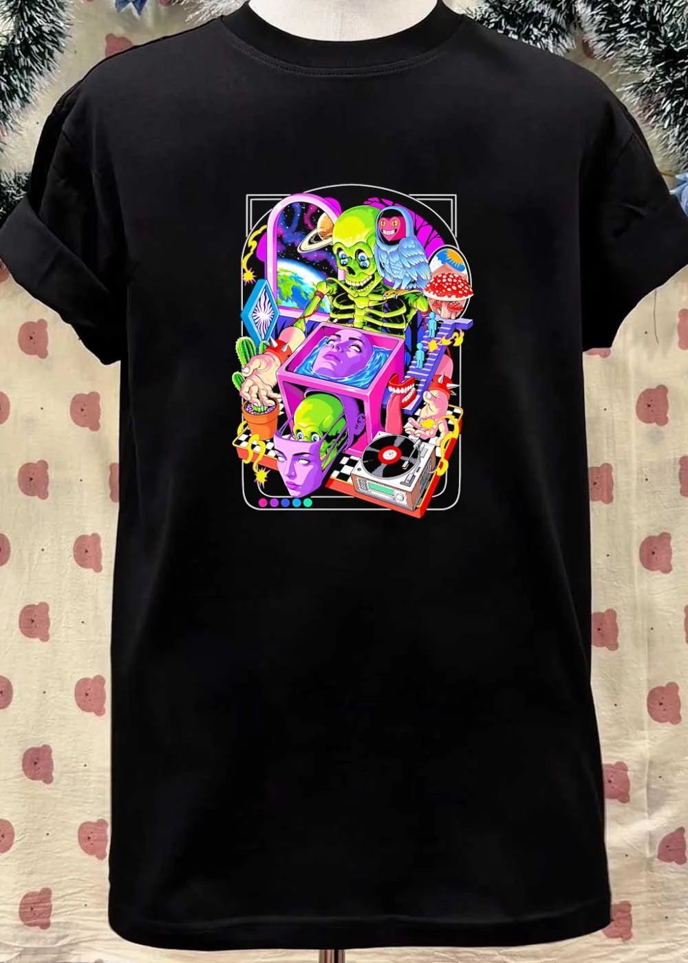 Green skeleton psychedelic owl surreal heads space earth trippy mushrooms record player shirt