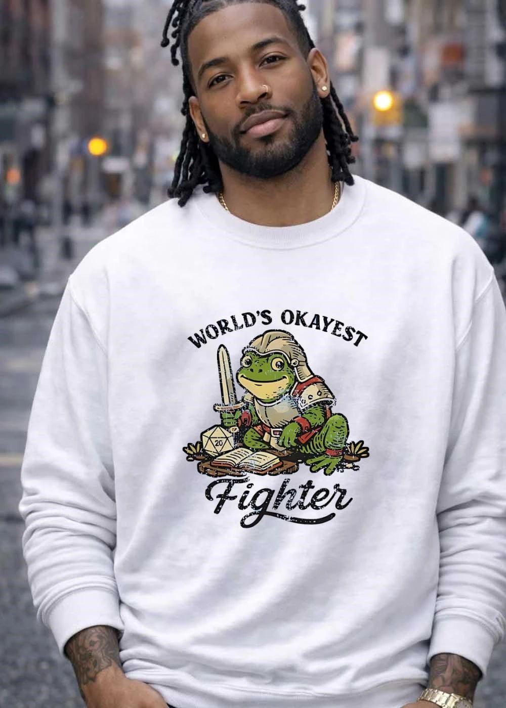 World’s Okayest Fighter Frog D20 Dice and Sword shirt