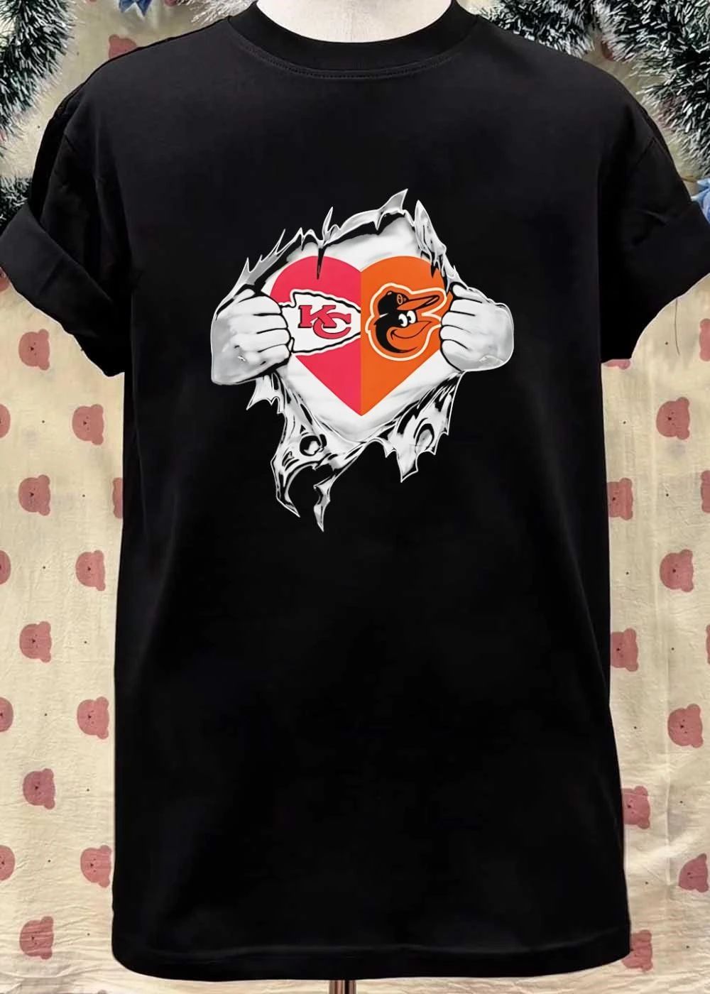 KC Orioles Shirt Heart Ripped Chest T-Shirt