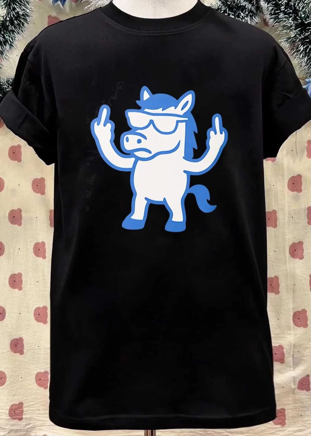 Edgy Horse Giving the Middle Finger Blue and White Graphic shirt