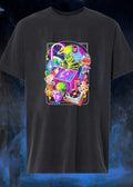 Green skeleton psychedelic owl surreal heads space earth trippy mushrooms record player shirt
