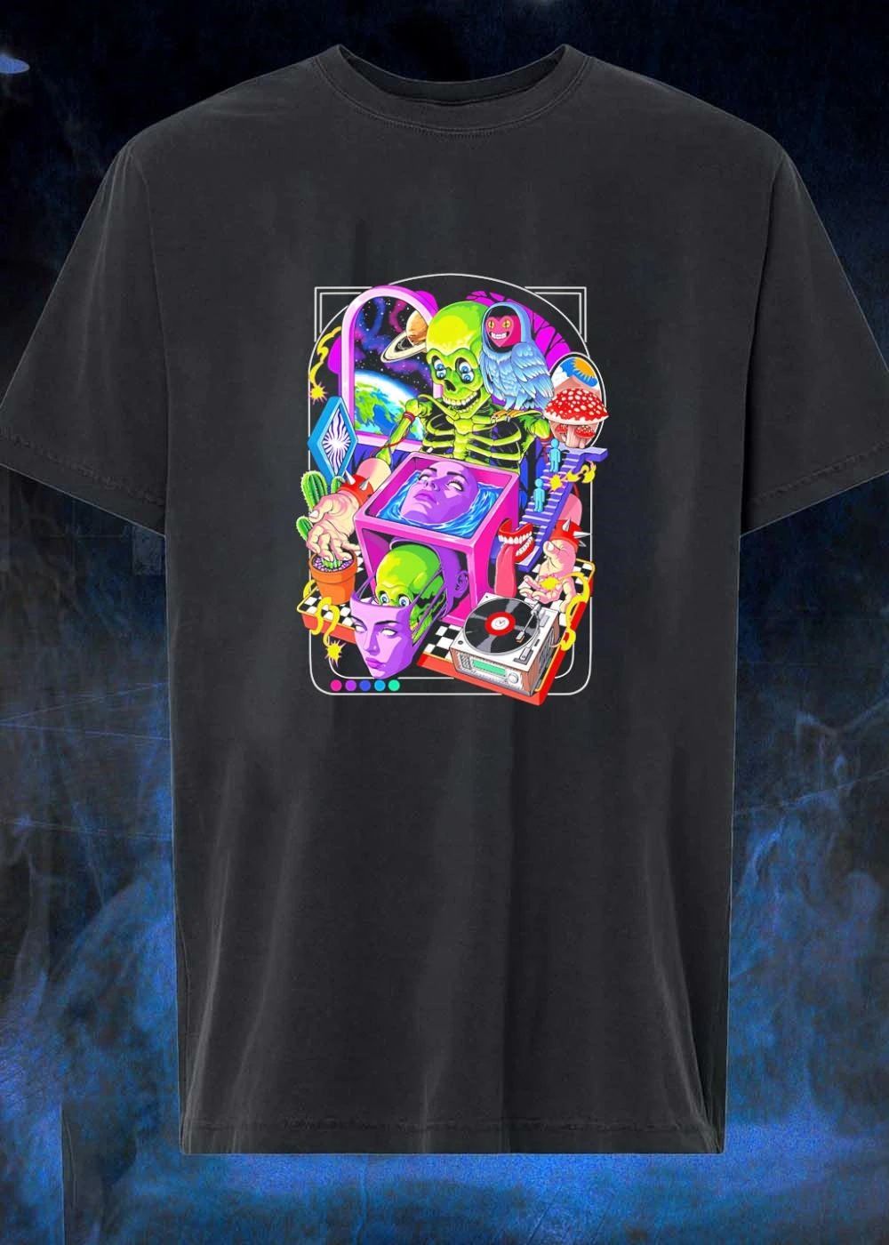 Green skeleton psychedelic owl surreal heads space earth trippy mushrooms record player shirt