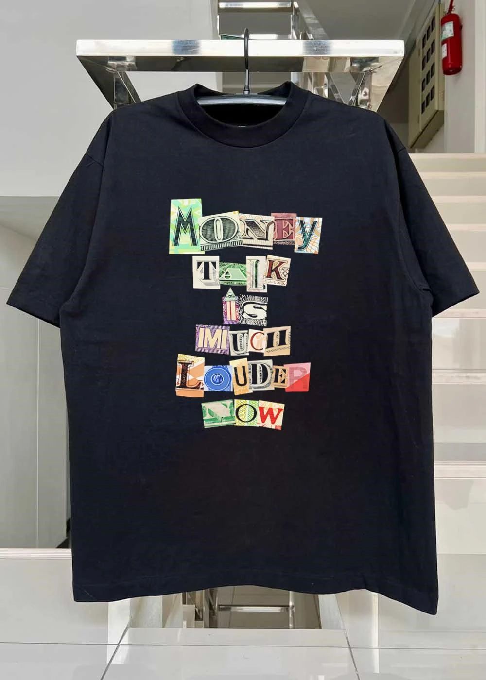 Money Talk Is Much Louder Now Black Currency Collage T-Shirt