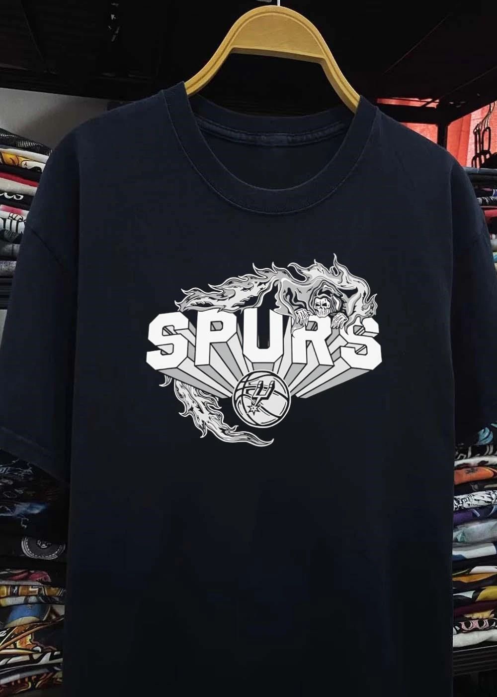 San Antonio Spurs basketball team NBA grim reaper skeleton flames SPURS shirt