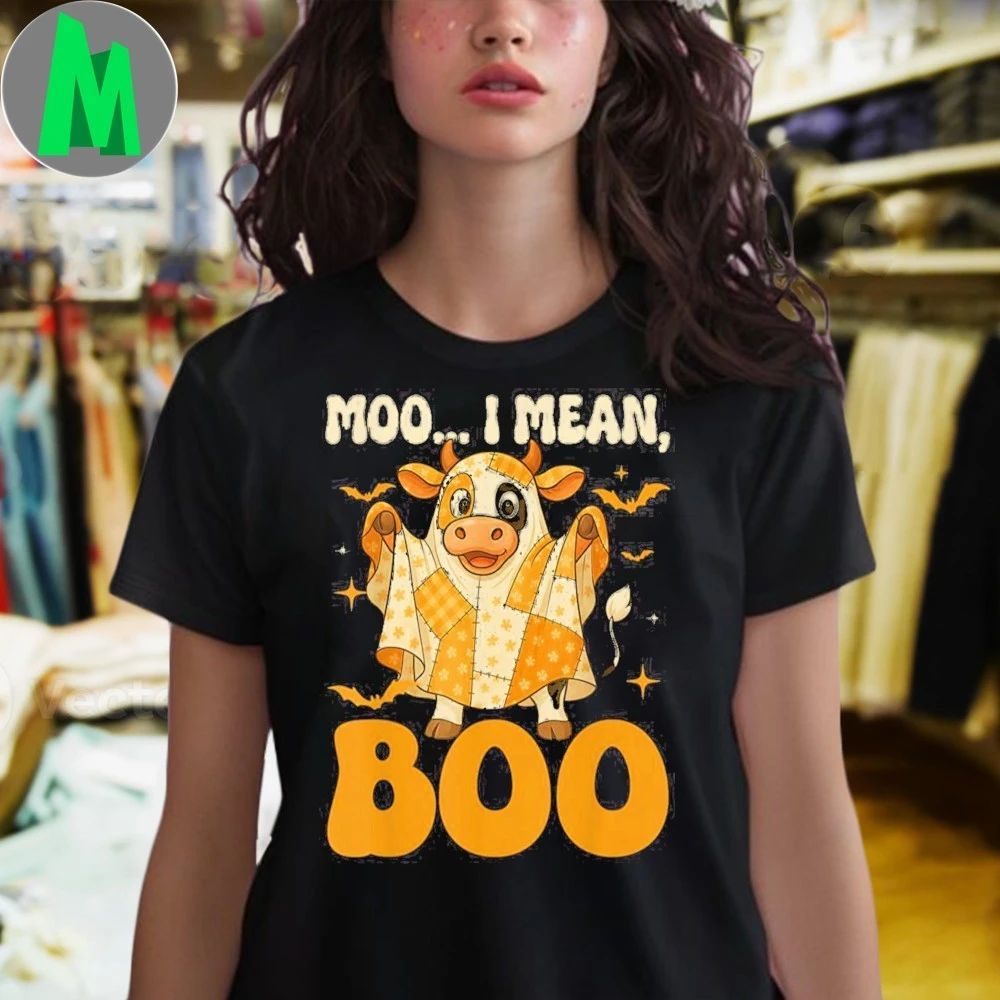 Halloween Cow Ghost Patchwork Moo I Mean Boo Costume Shirt