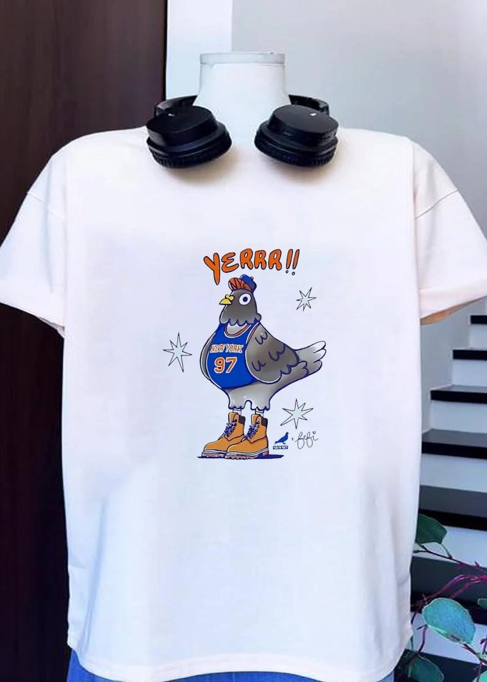 Pigeon x Fefi Pigeon Wearing New York Basketball Jersey and Timberland Boots Yerrr 97 T-Shirt