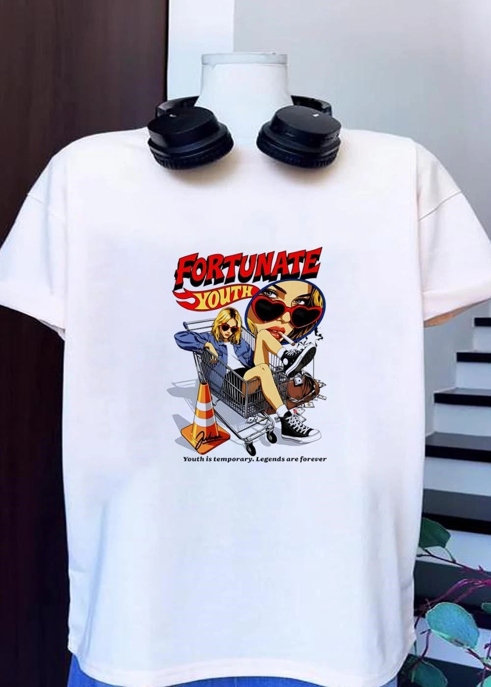 Fortunate Youth Shopping Cart Girl Smoking Heart Sunglasses T-Shirt
