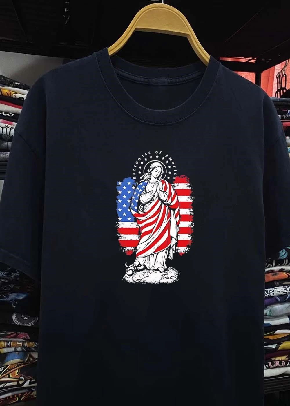 Patroness of America Blessed Virgin Mary Praying United States Flag T-Shirt