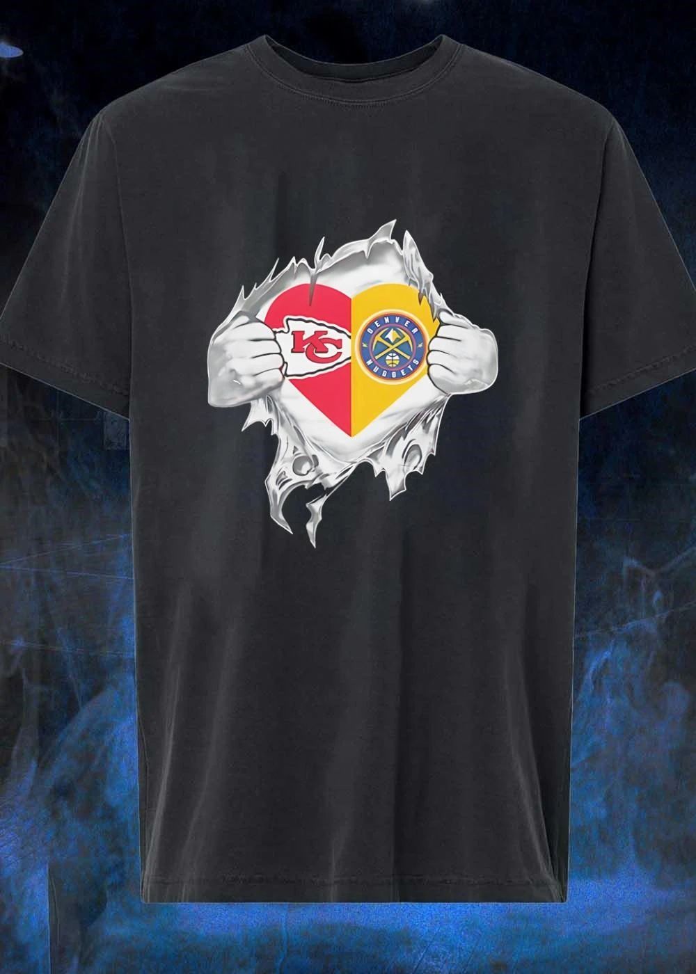 KC Chiefs Denver Nuggets Heart Ripped Chest T-Shirt