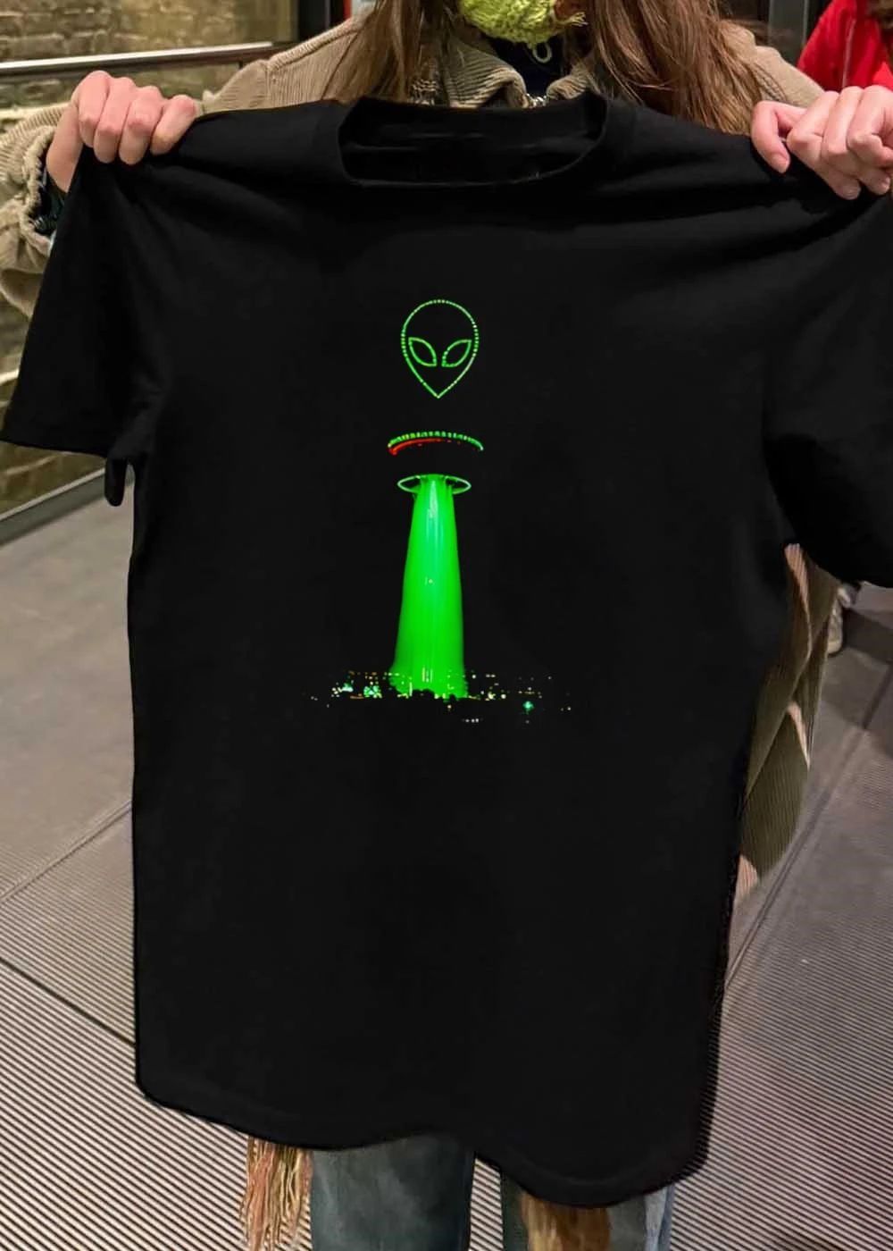 Alien Above City Night Skyline Glow Beam T-Shirt