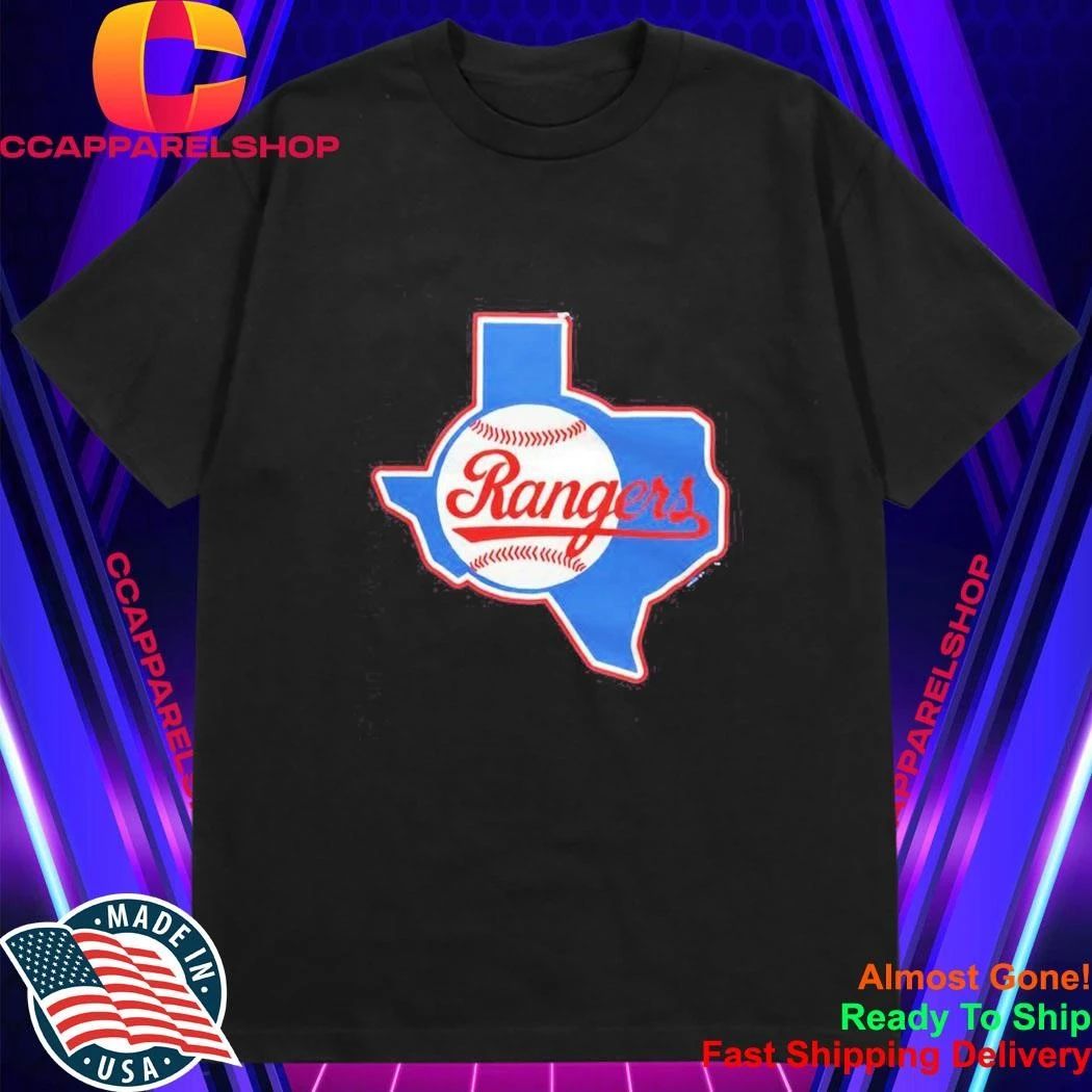 Texas Rangers Texas state outline baseball cursive script logo Shirt