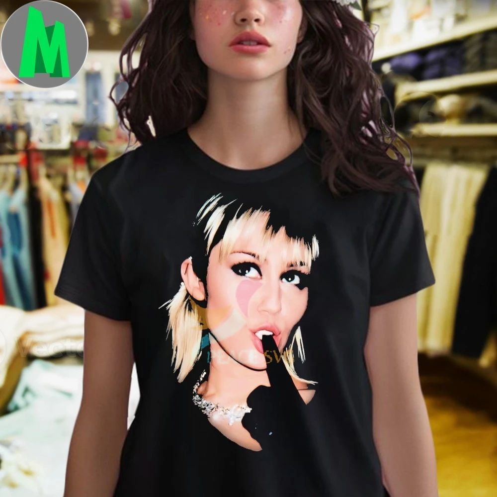 Original Miley Cyrus Blonde Hair Black Glove Playful Pose Shirt