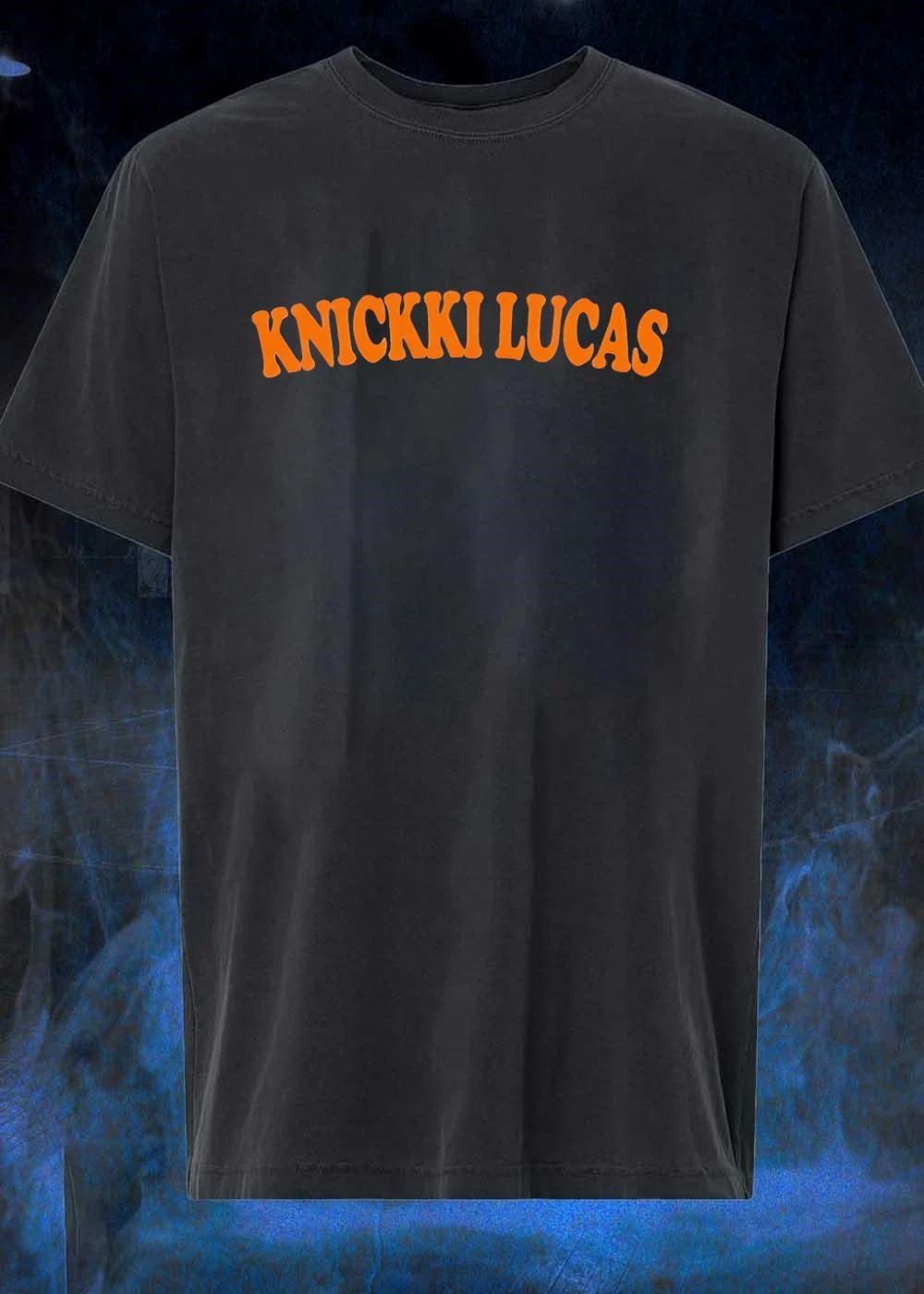 Knickki Lucas Orange Text Blue Short Sleeve Cotton T-Shirt