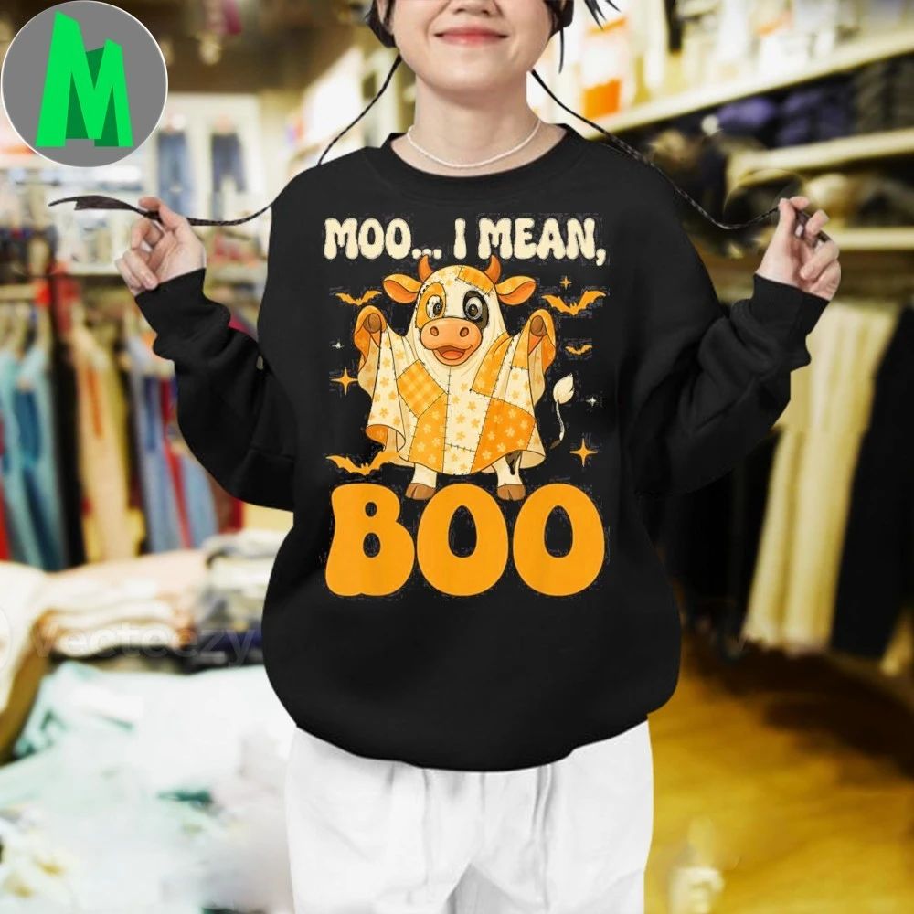 Halloween Cow Ghost Patchwork Moo I Mean Boo Costume Shirt