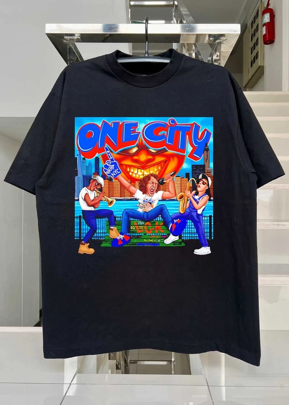 One City Three Musicians Performing on a Bench NYC Shirt