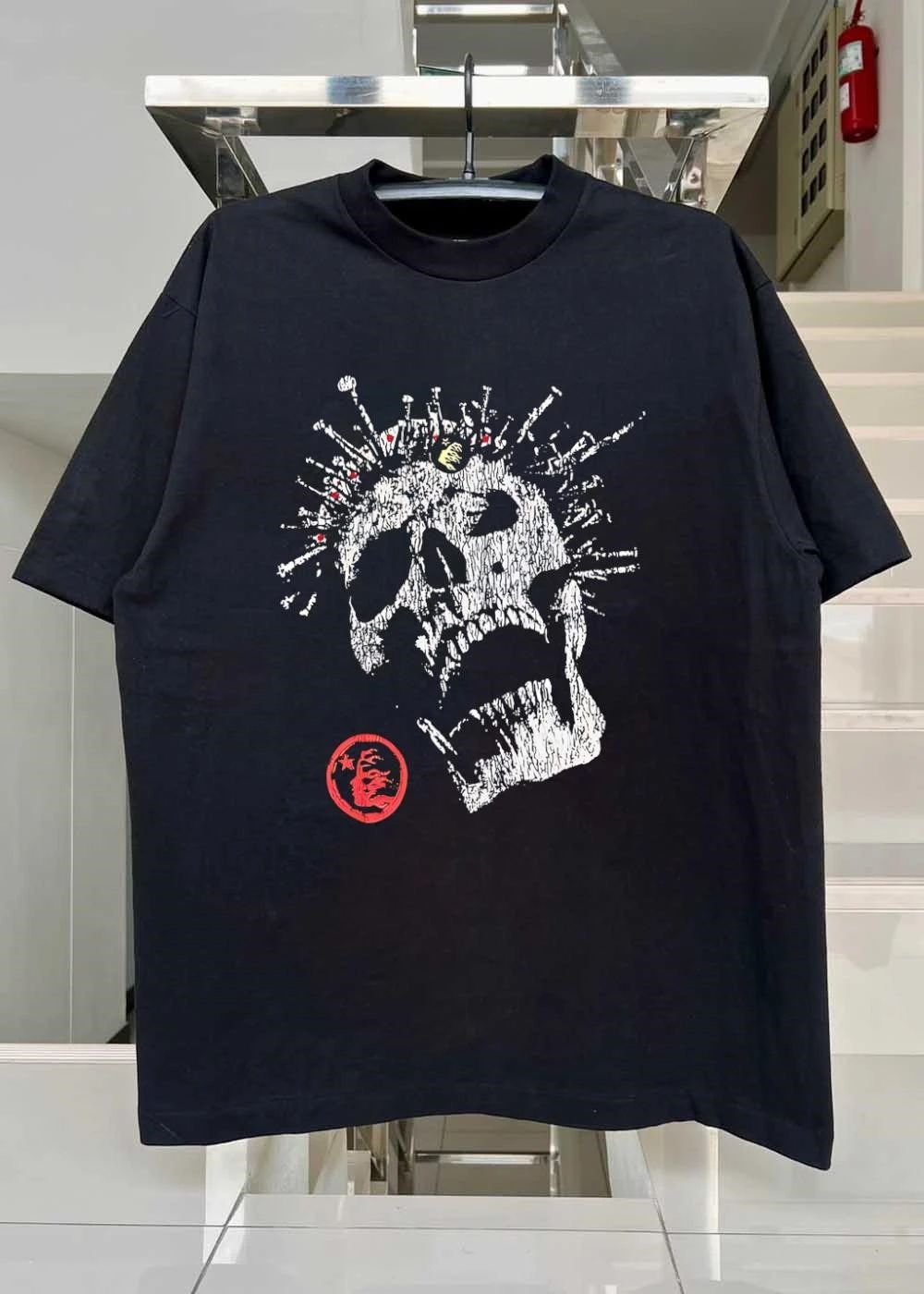 Distressed Screaming Skull Punk Spikes Flaming Face Logo Unleashed Fury 2026 Collection Shirt