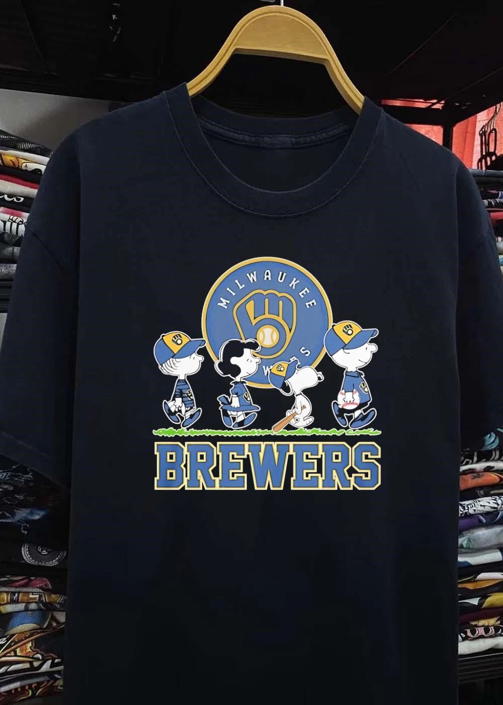 Peanuts Characters Milwaukee Brewers Logo Baseball Graphic T-Shirt