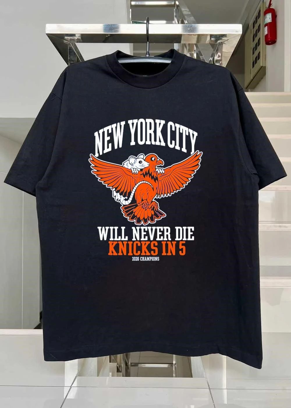 2026 Champions New York City Will Never Die Knicks in 5 Rat Pigeon T-Shirt