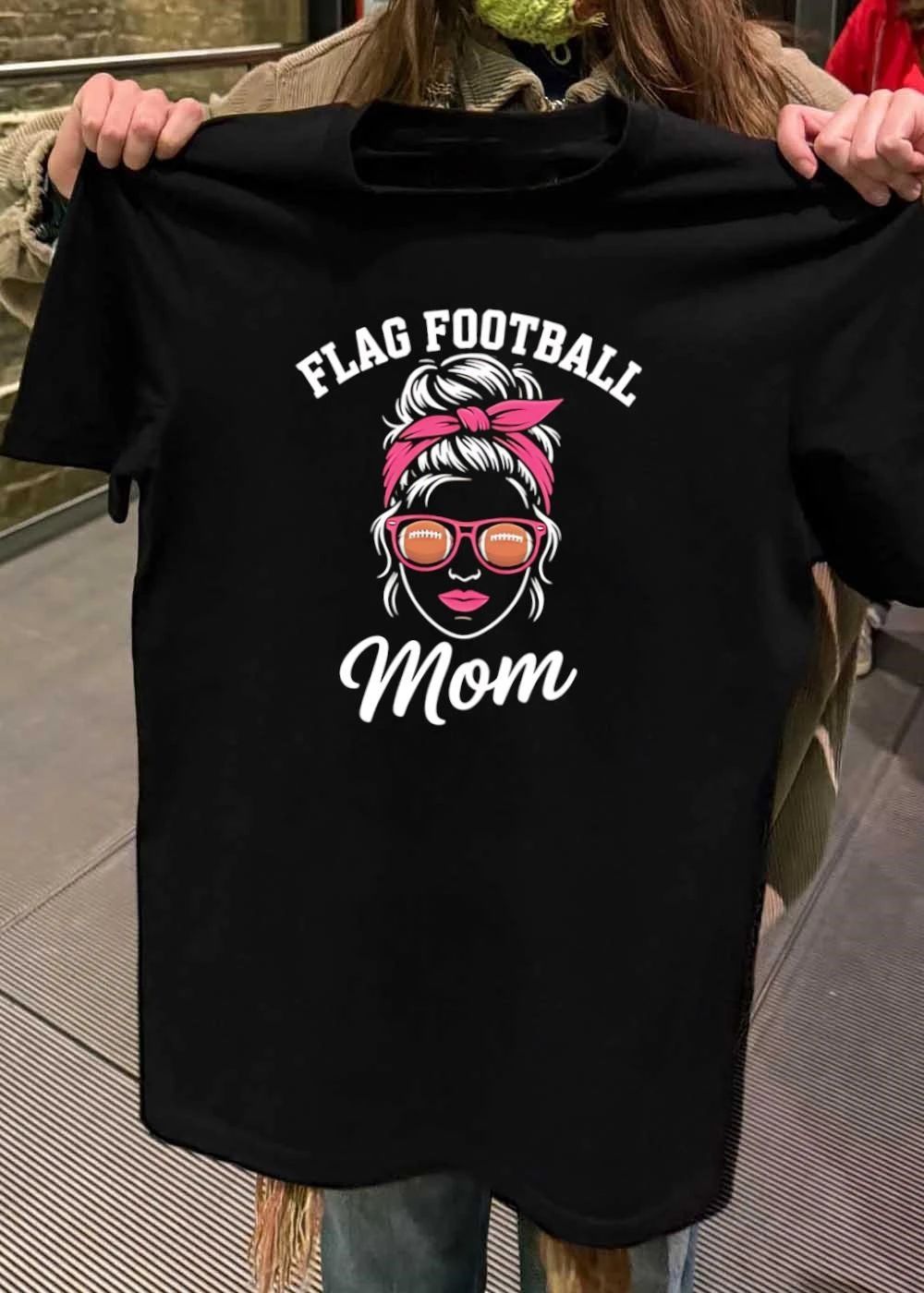 Flag Football Mom Messy Bun Pink Headband Sunglasses Sports shirt