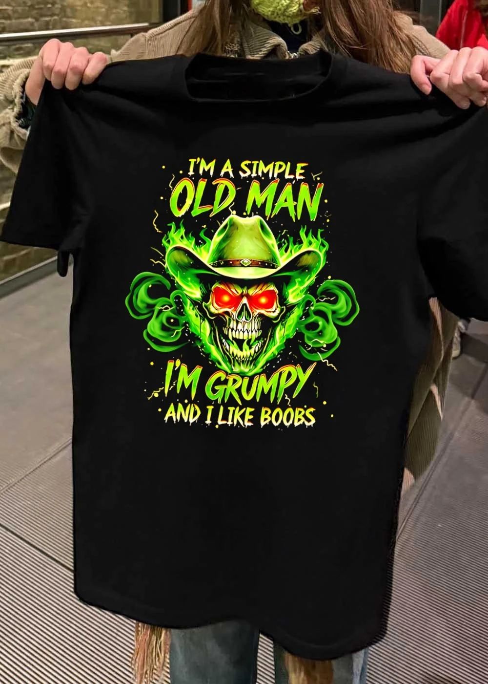 Grumpy Old Man Skull Flaming Cowboy Hat I Like Boobs T-Shirt