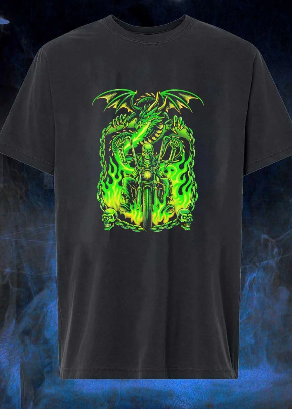 Green Dragon Skeleton Chopper Flames Shirt