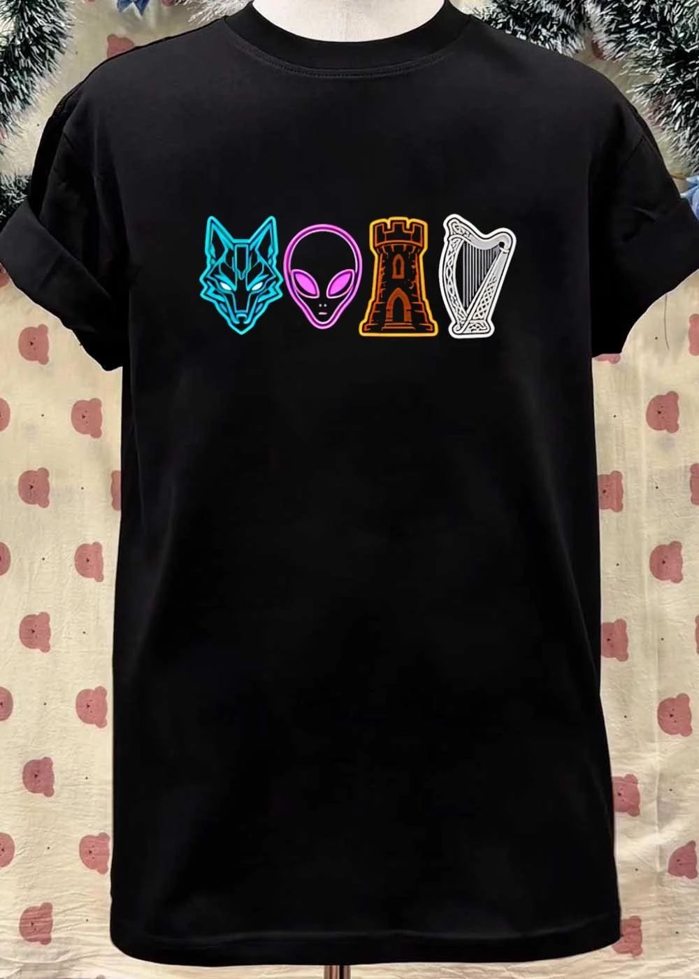 Wolf Alien Castle and Harp Icons Graphic T-Shirt