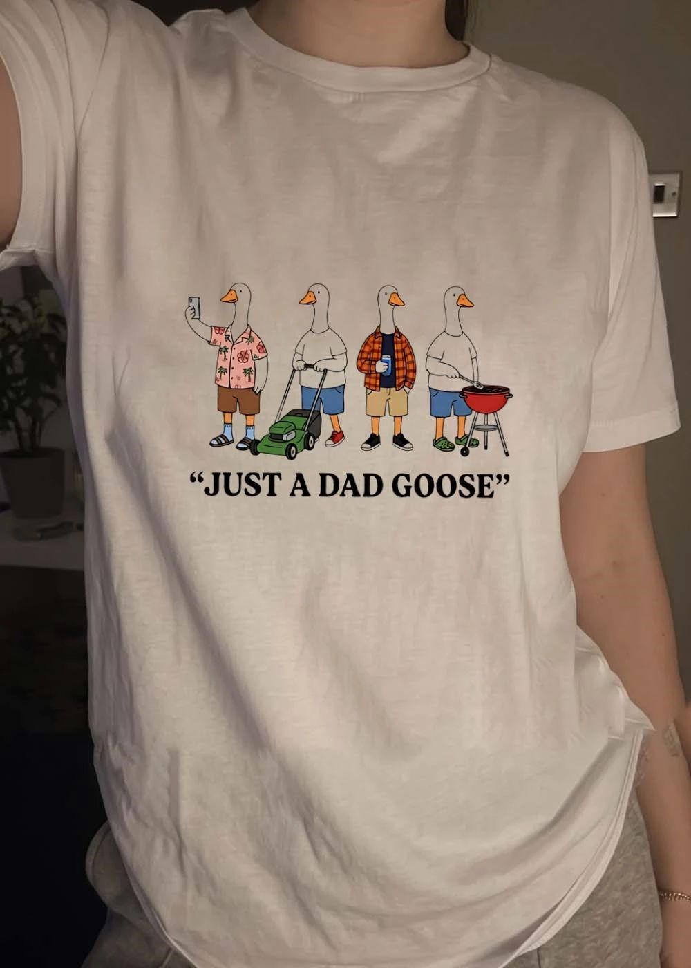 Geese dads animal selfie mowing beer grilling fatherhood just a dad goose shirt