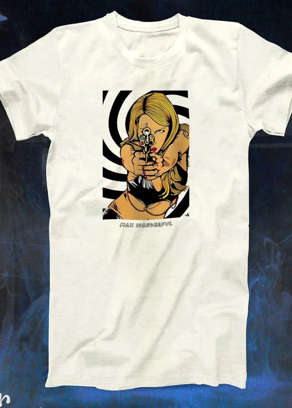 Max Wonderful blonde woman blue eyes aiming gun black bodysuit gold chain black white spiral shirt